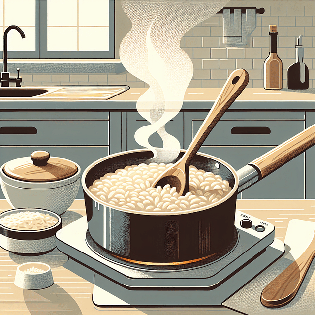 stirring risotto in a pan with a wooden spoon