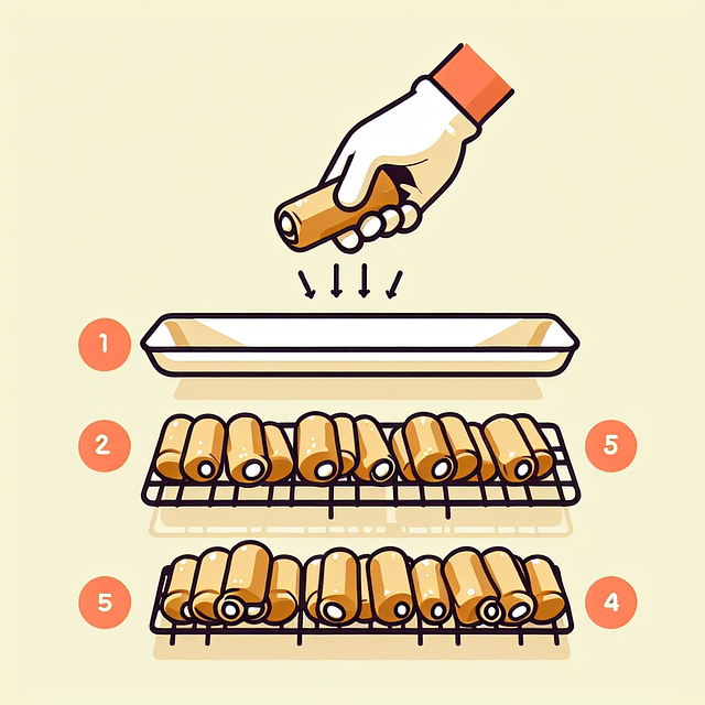 egg rolls spaced apart on a wire rack