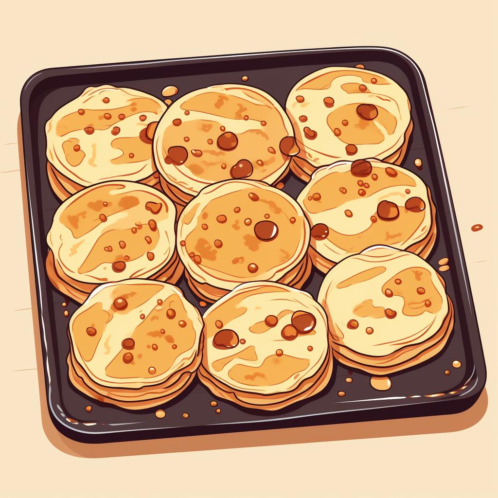 Pancakes arranged in a single layer on a baking sheet