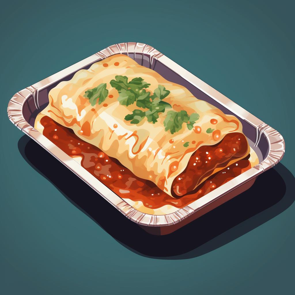A piece of lasagna being covered with aluminum foil