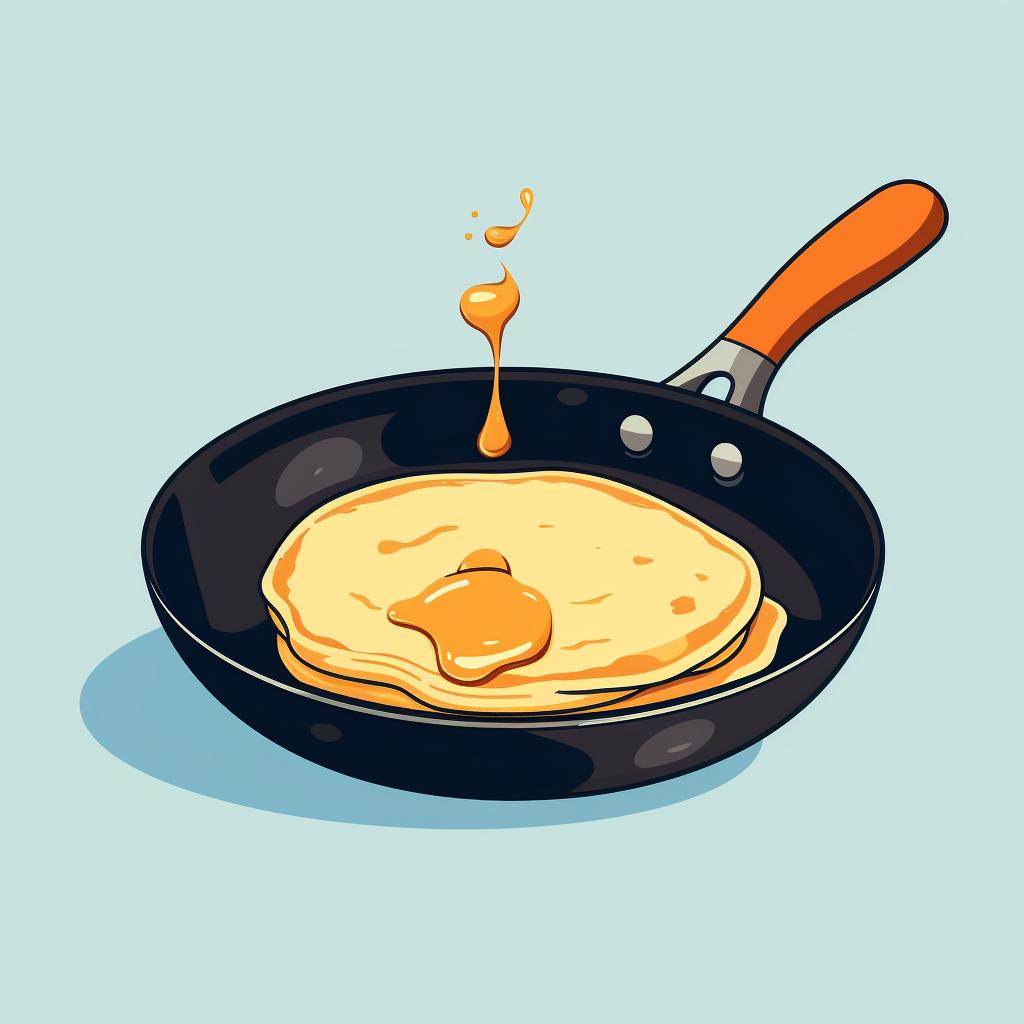 Pancakes being flipped in a frying pan.