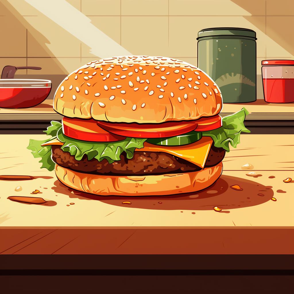 A wrapped burger resting on a kitchen counter