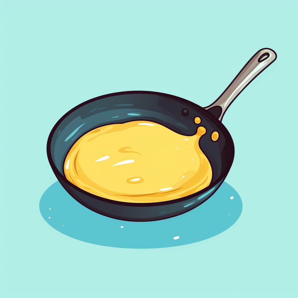 A frying pan being lightly greased with butter.