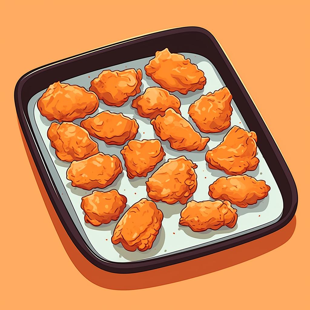 Fried chicken pieces evenly spaced on a baking tray