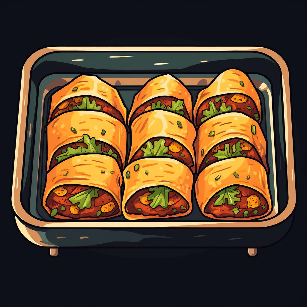 Wrapped tacos placed on a baking sheet in the oven