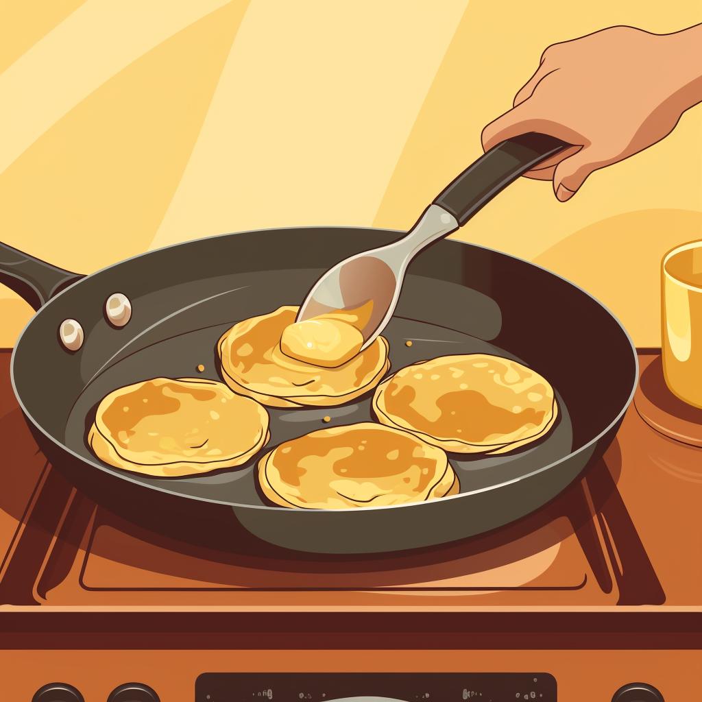Pancakes being placed in a single layer in a frying pan.