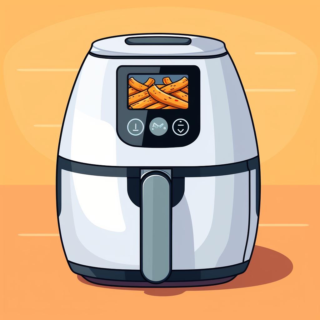Air fryer with digital display showing preheating temperature