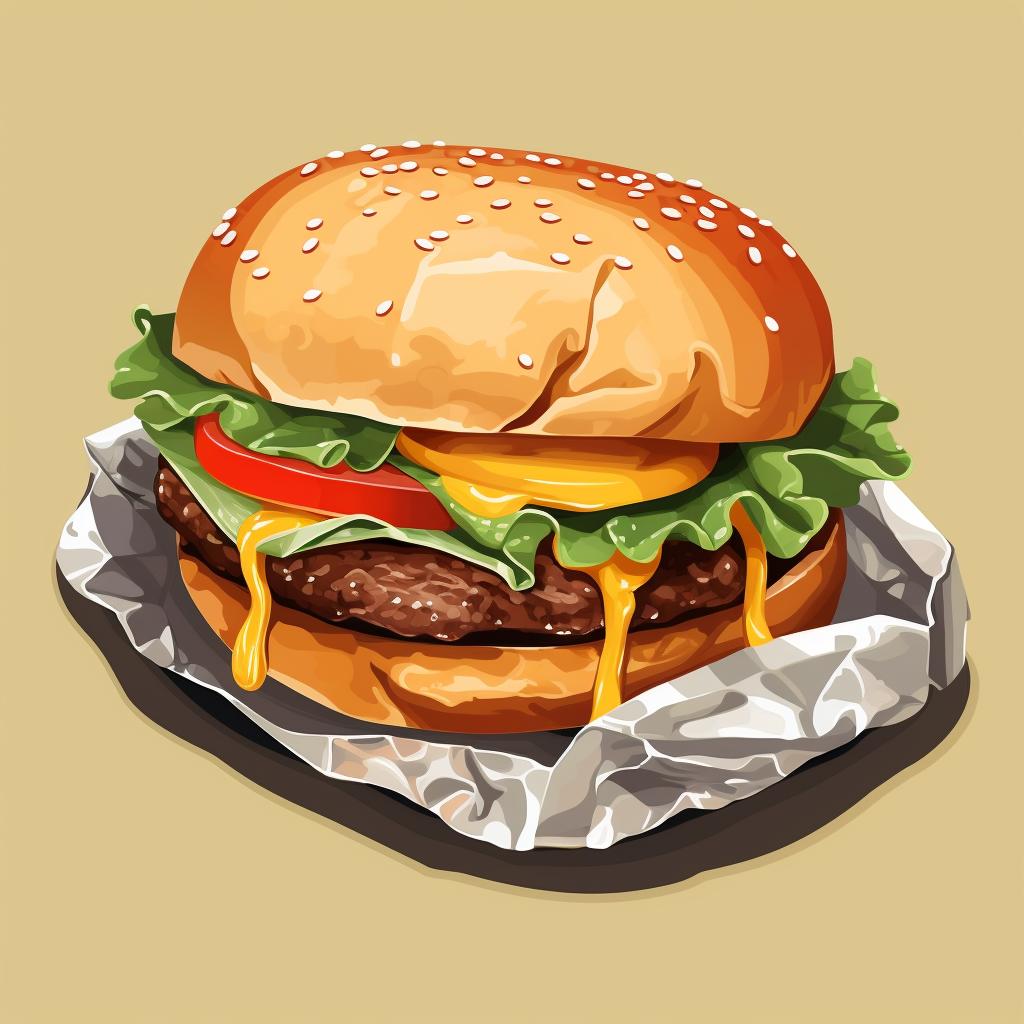 A burger being wrapped in aluminum foil