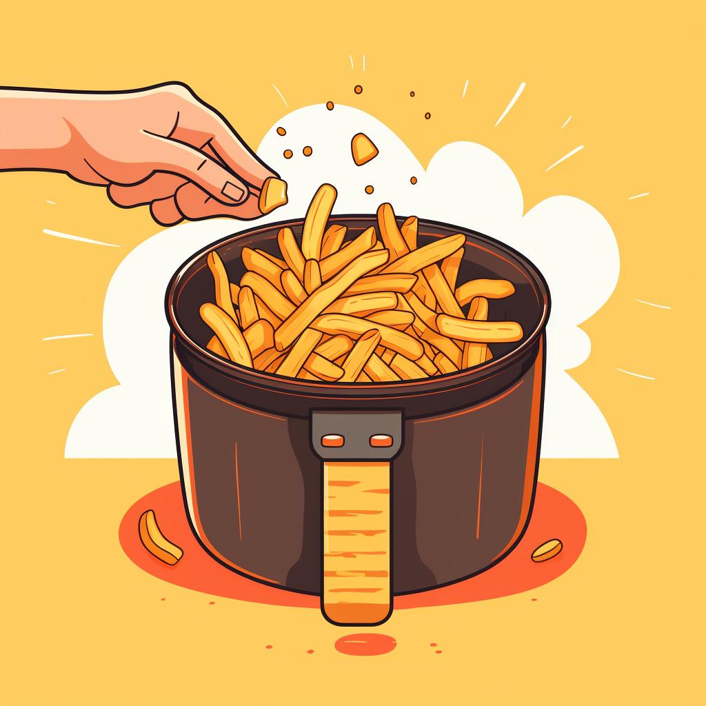 Hand spreading fries in a single layer on the air fryer basket