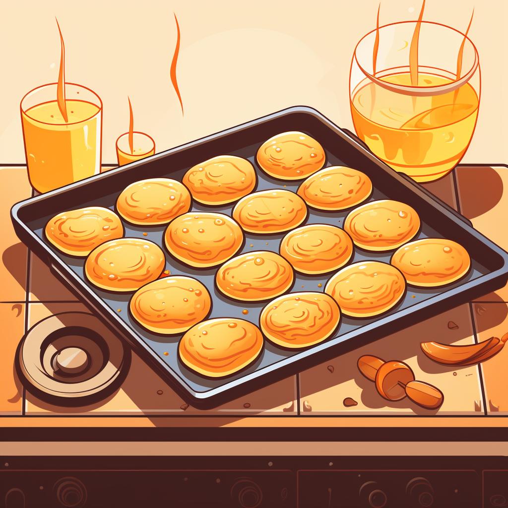 Baking sheet with pancakes in the oven