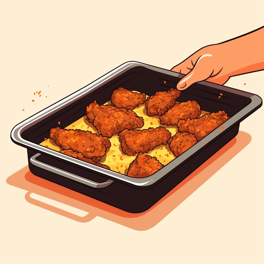 Baking tray with fried chicken being placed in the oven
