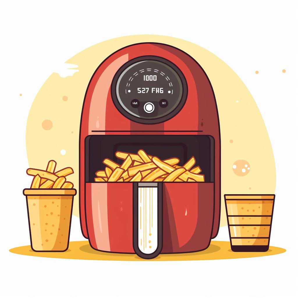 Hand setting the timer on the air fryer with basket of fries inside