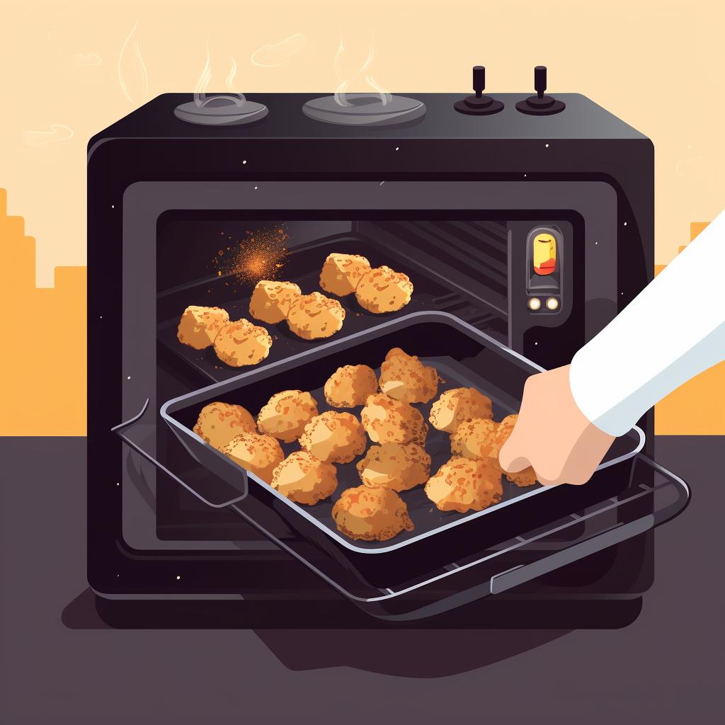 Nuggets being placed in the oven
