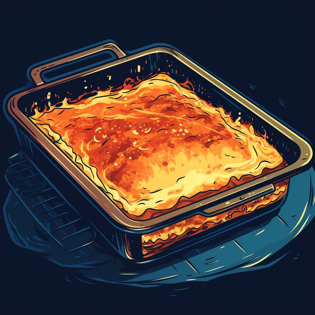 A piece of lasagna being placed in a preheated oven