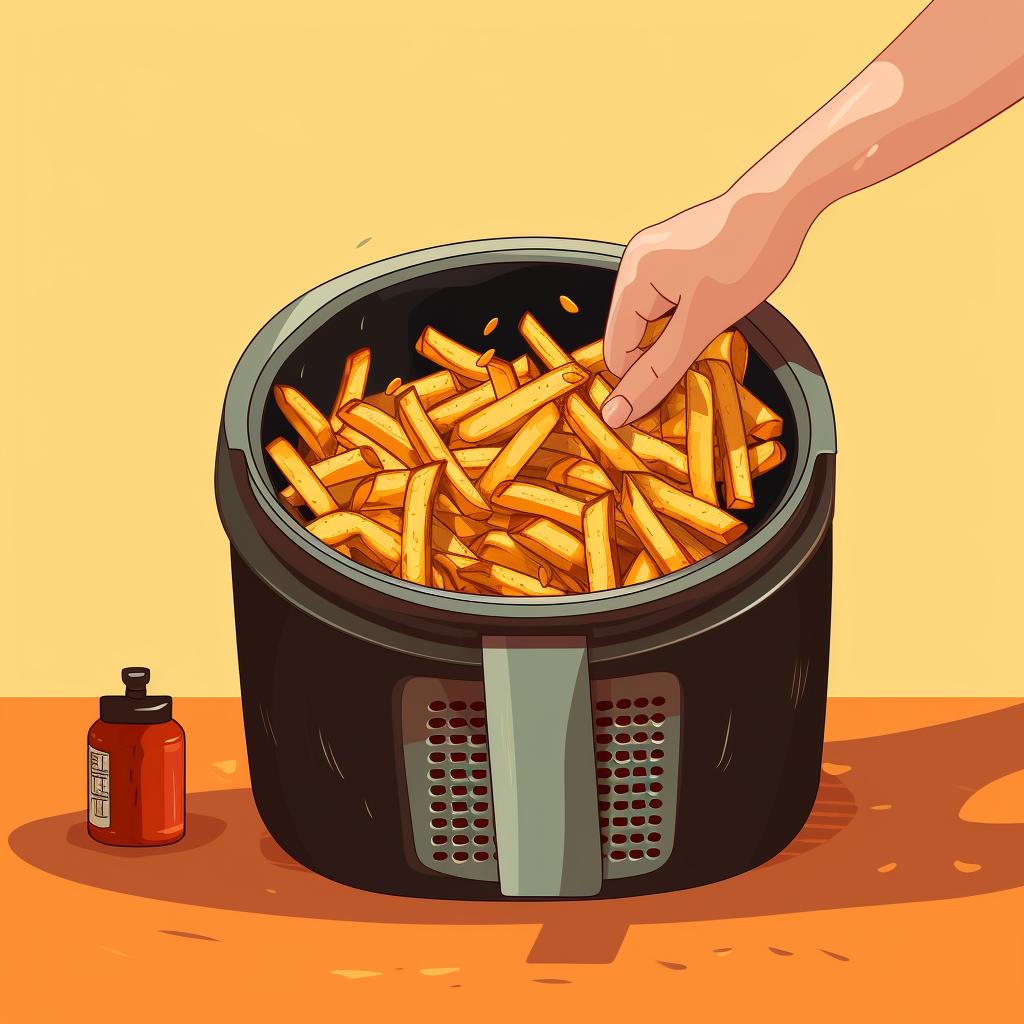 Hand removing basket from air fryer, with crispy fries ready to be served