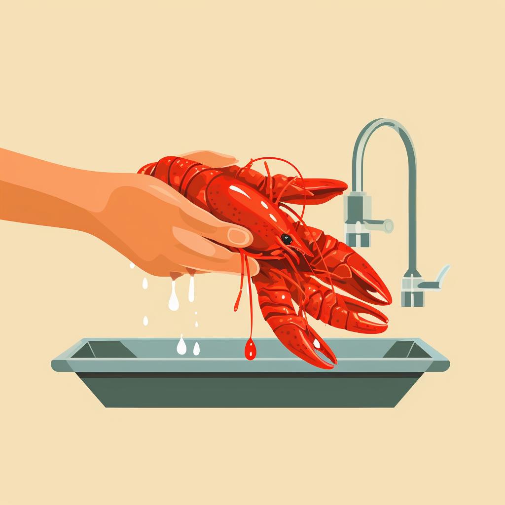 A person rinsing crawfish under a running tap and patting them dry with a paper towel