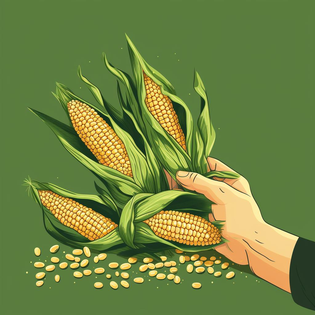 A hand selecting a fresh corn on the cob with green husk from a pile of corns.