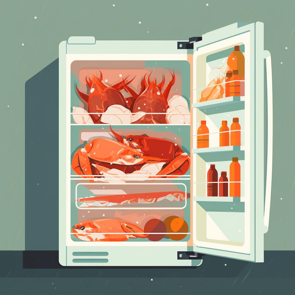 Frozen crab legs being placed in a refrigerator