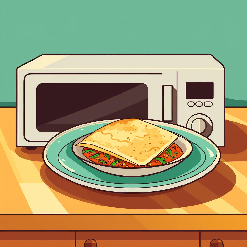 Tortilla on a microwave-safe plate being placed in the microwave