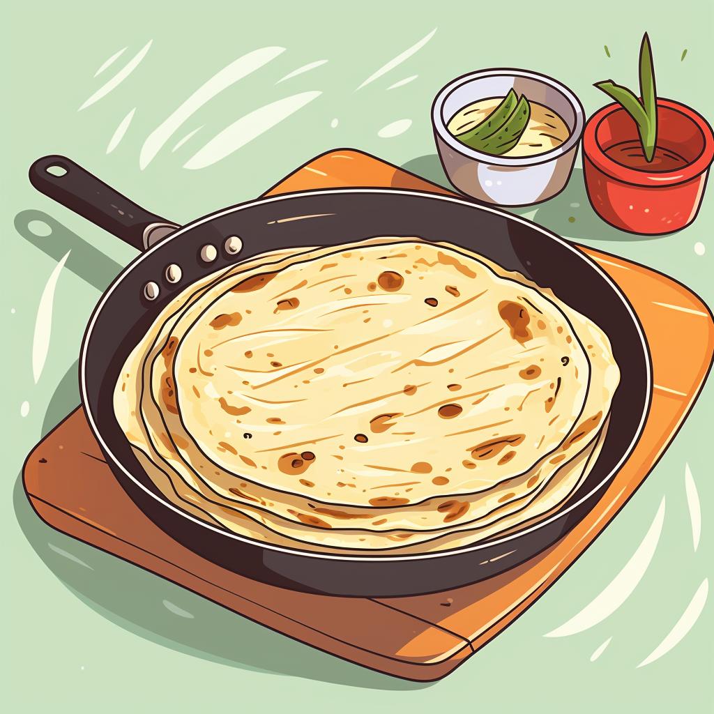 A tortilla being warmed in a skillet on a stovetop.