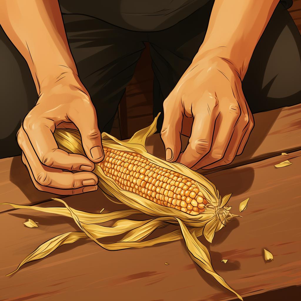 Close-up of hands inspecting the corn husk for any damage.