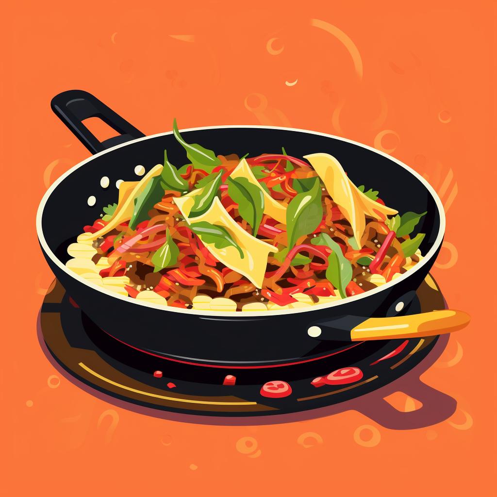 Taco fillings being heated in a pan on a stovetop.