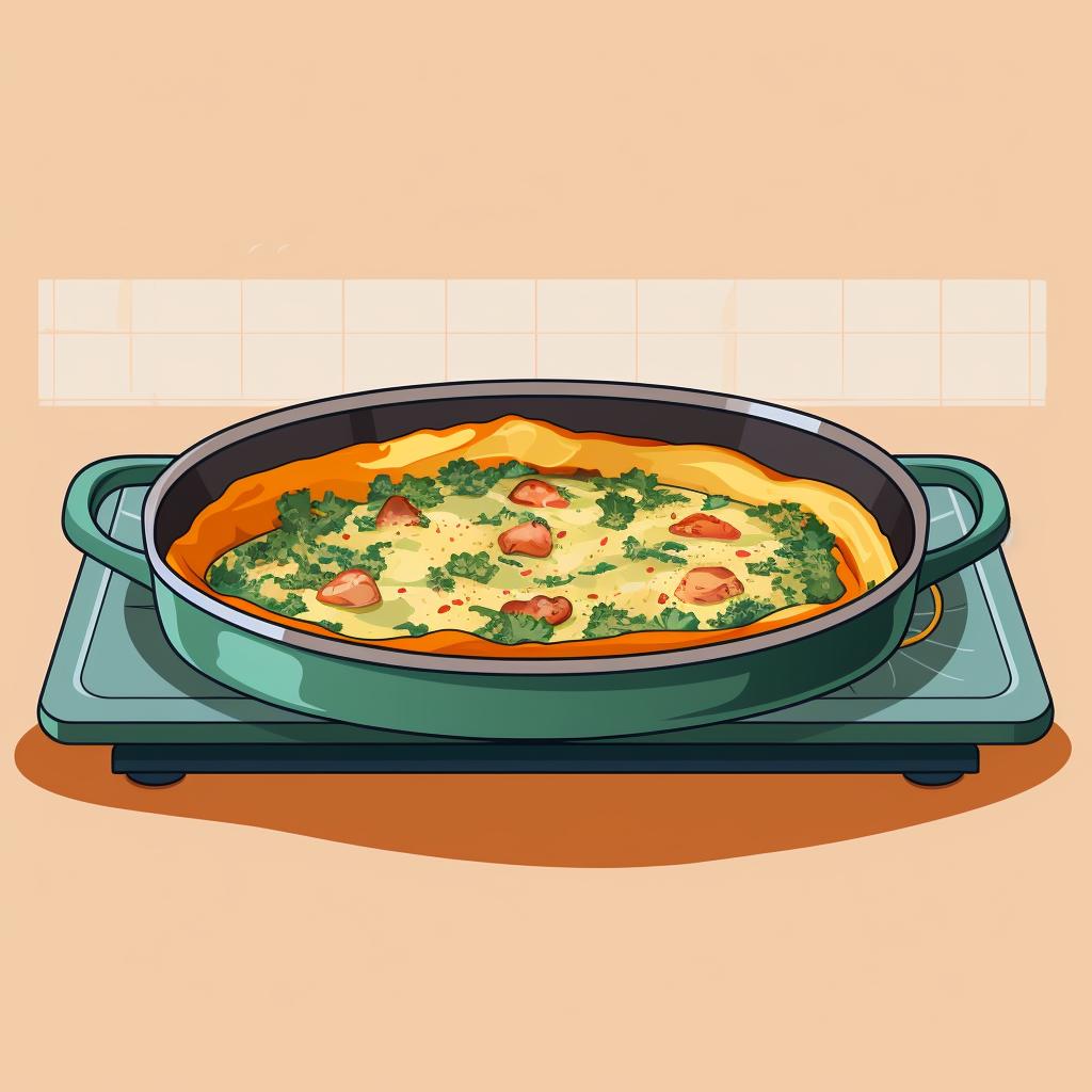 Quiche in a covered pan on the stove.