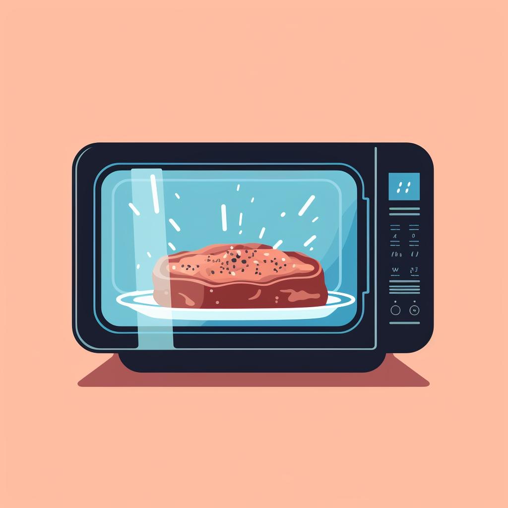 Meat in a microwave-safe dish being heated in the microwave