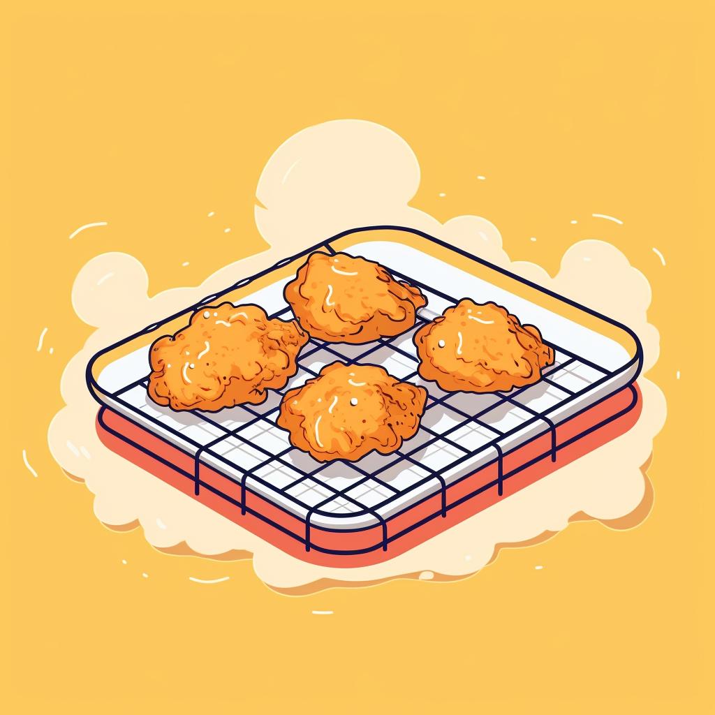 Fried chicken being placed on a wire rack over a baking sheet