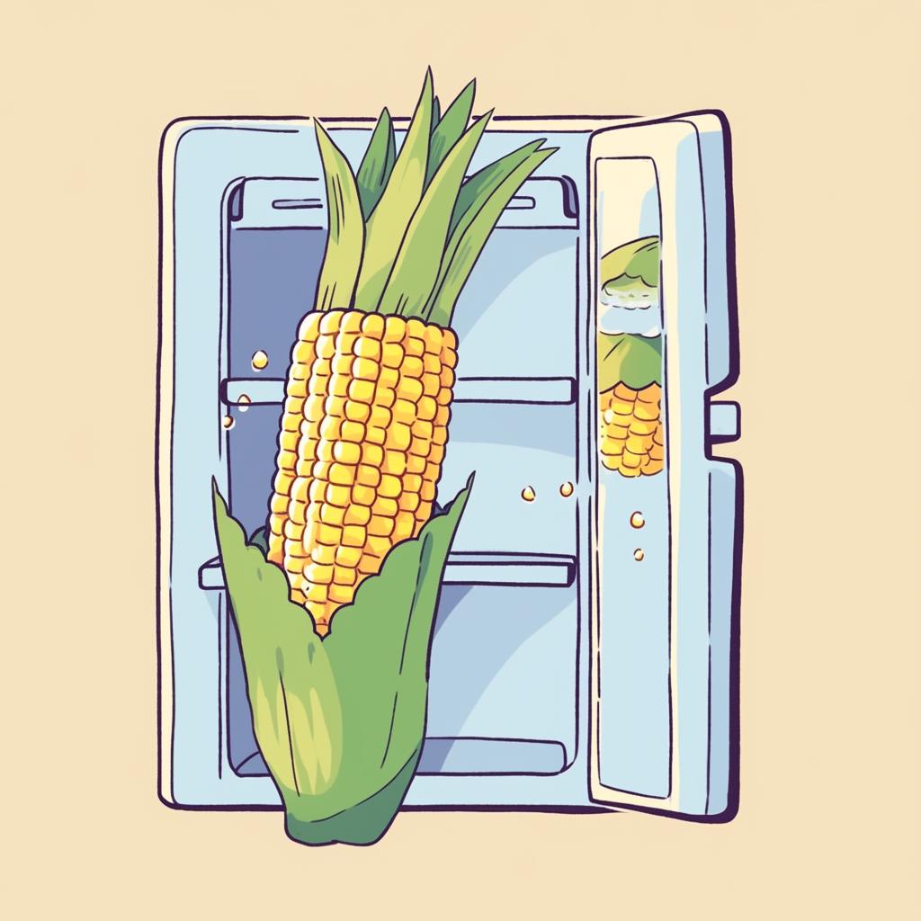 Corn on the cob with husk being placed in the refrigerator.