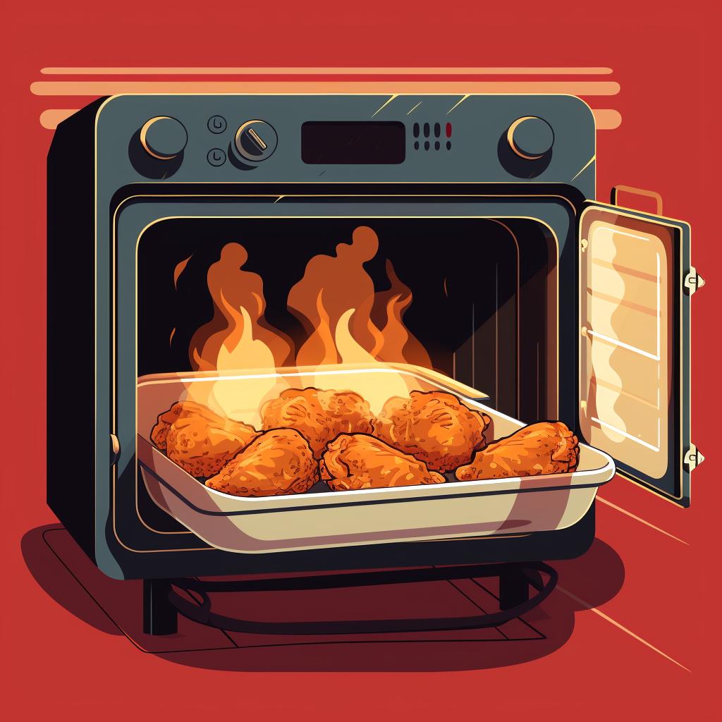 Fried chicken being put into a preheated oven