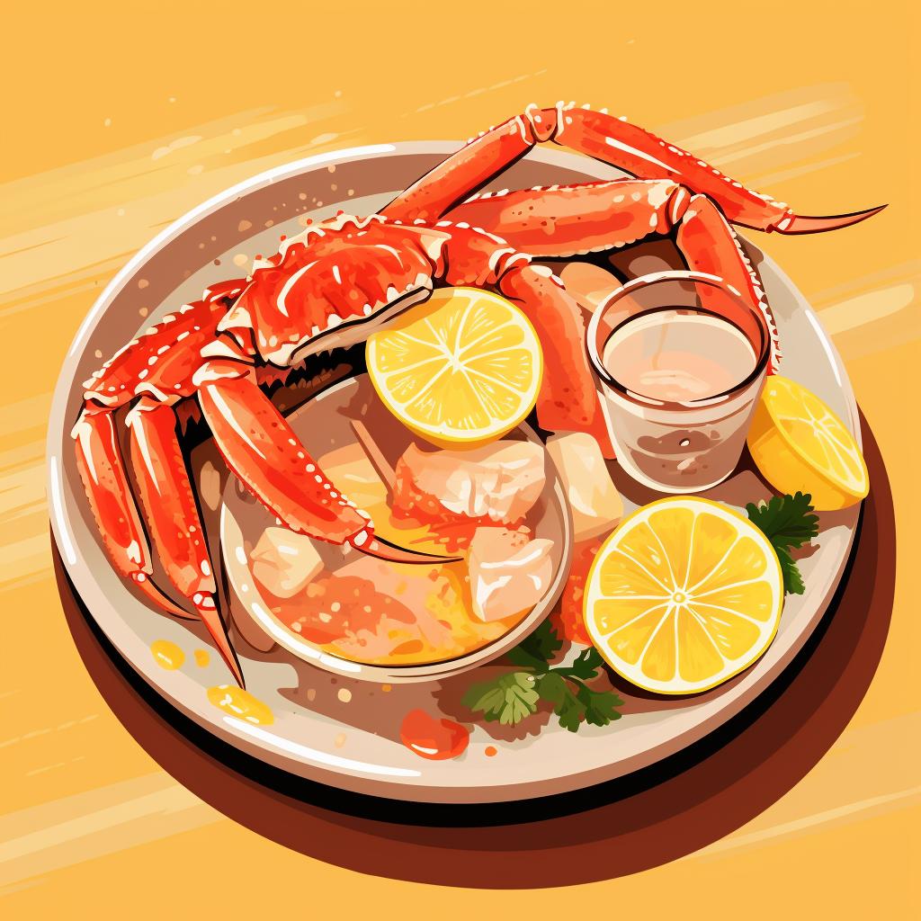Reheated crab legs served with melted butter and lemon wedges