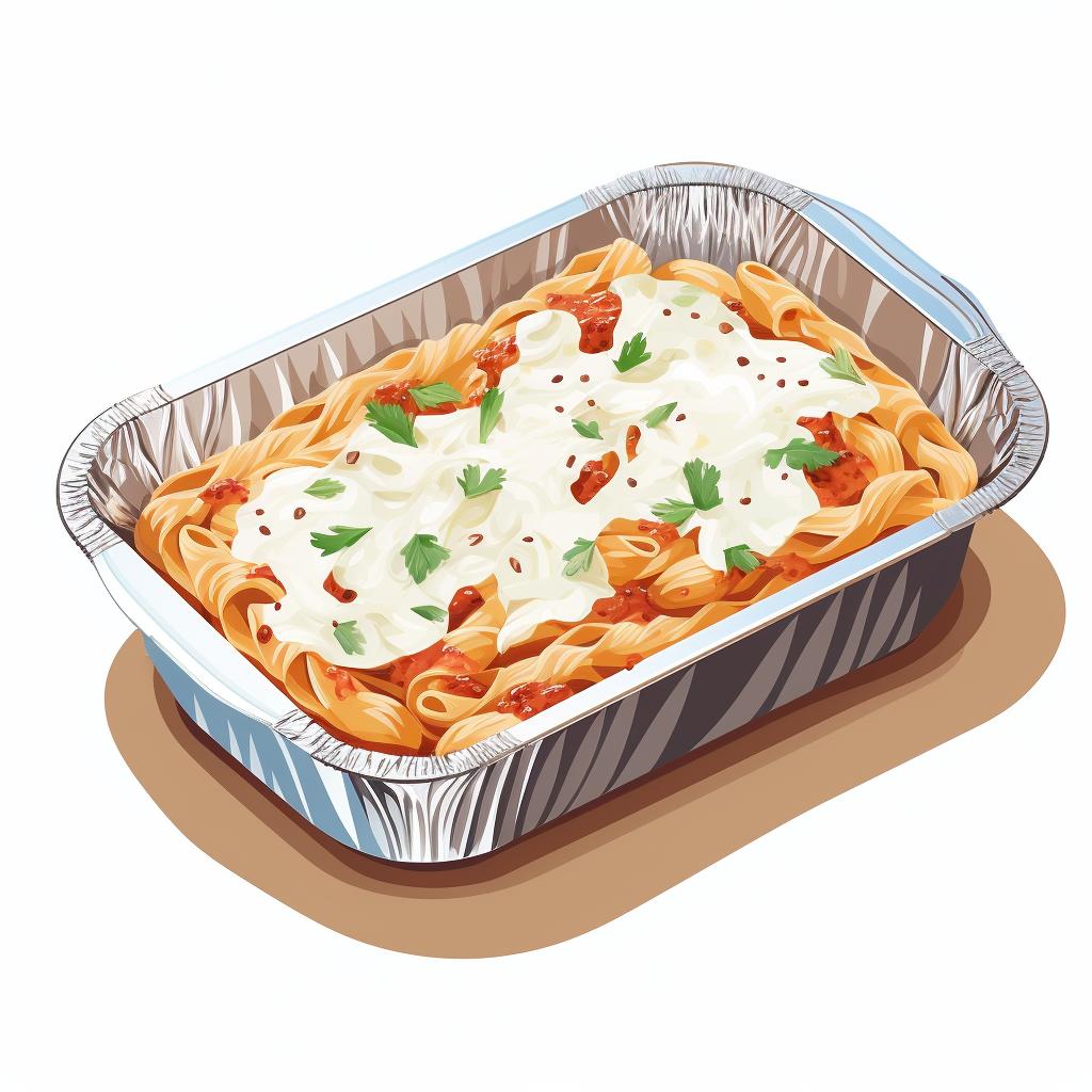 An oven-safe dish with pasta covered with aluminum foil