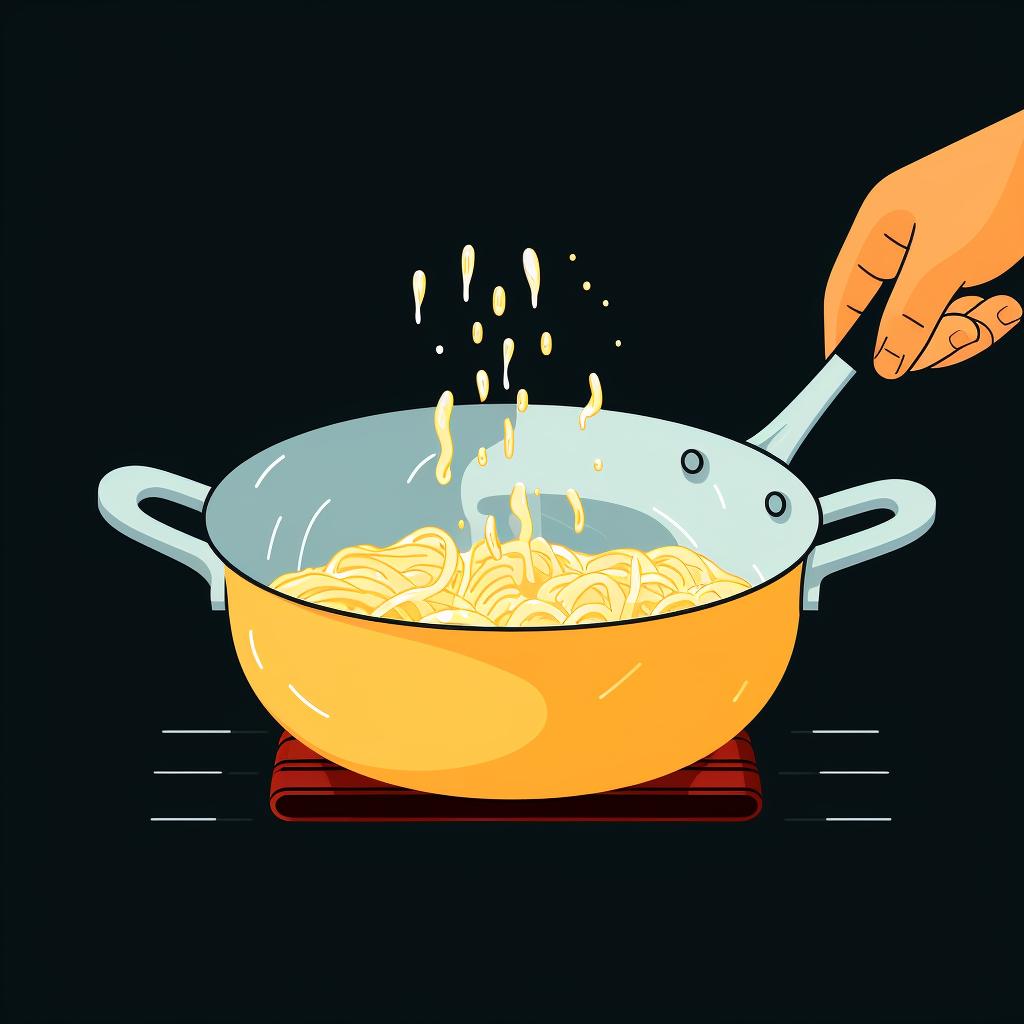 Hand stirring pasta in a pan on a stovetop
