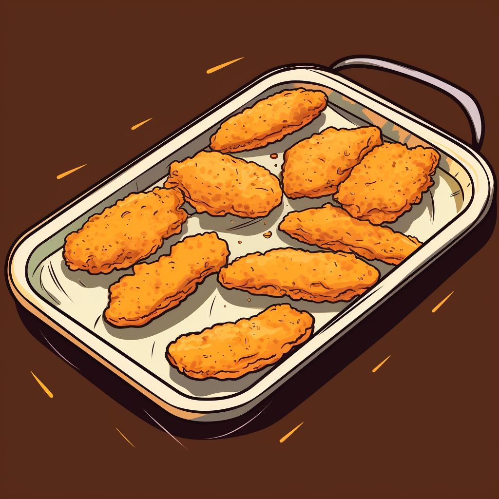 Reheated chicken tenders resting on a baking sheet.
