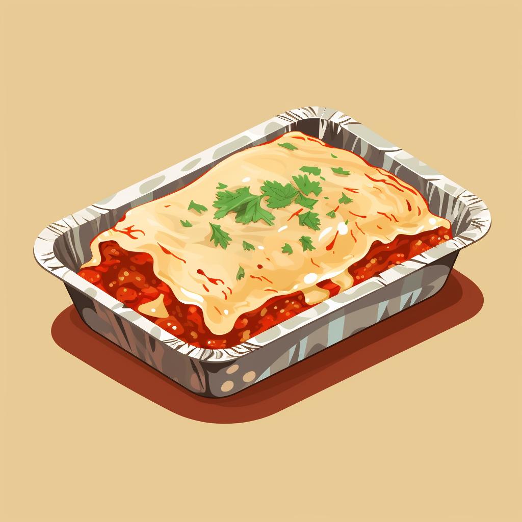 Lasagna being covered with aluminum foil