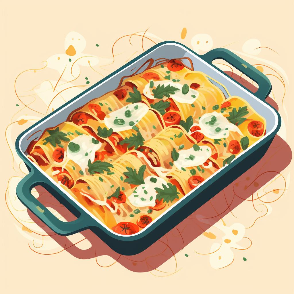 Pasta spread out in an oven-safe dish