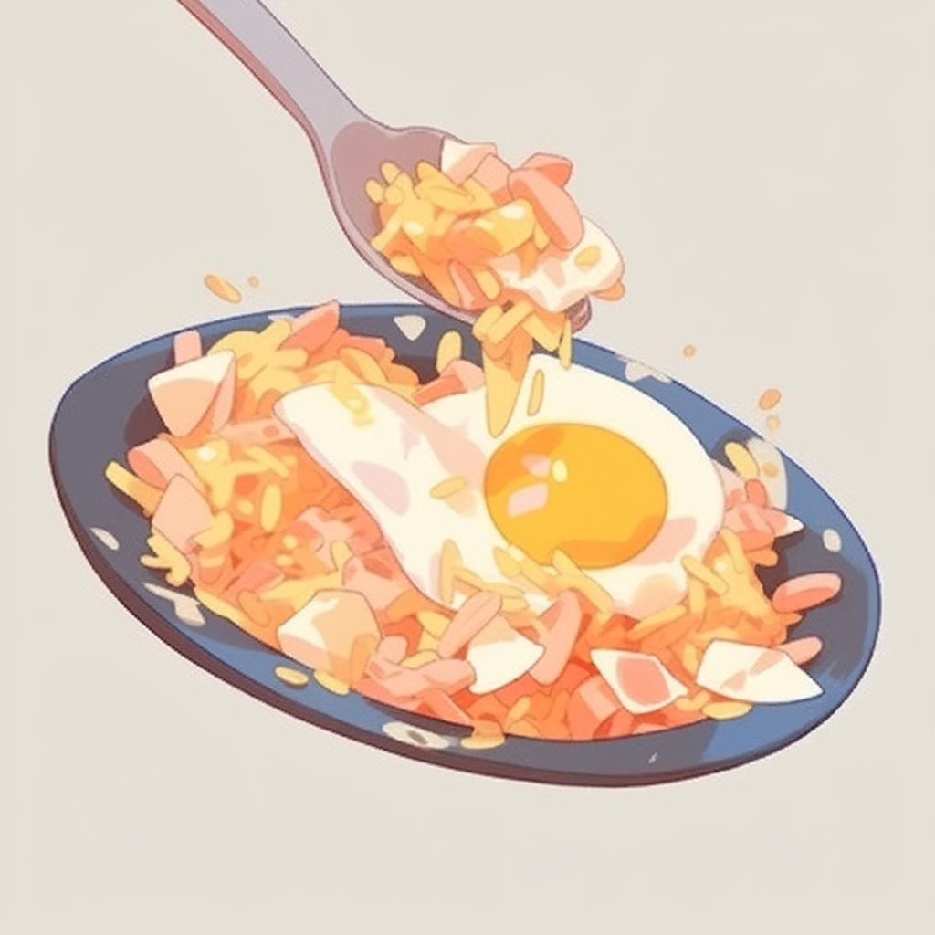 A serving spoon scooping hot, reheated fried rice from the pan into a plate.
