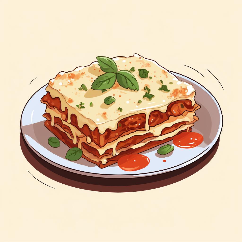 A slice of reheated lasagna being served