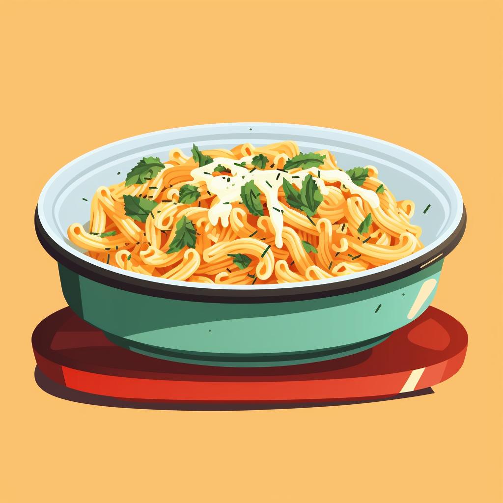 Pasta spread evenly in a microwave-safe dish