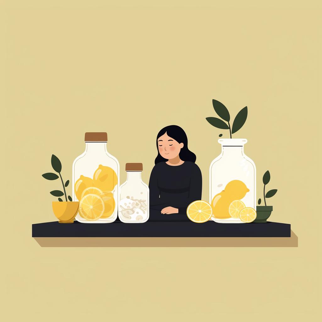 A person contemplating between a sugar jar, a lemon, and a bottle of vinegar.