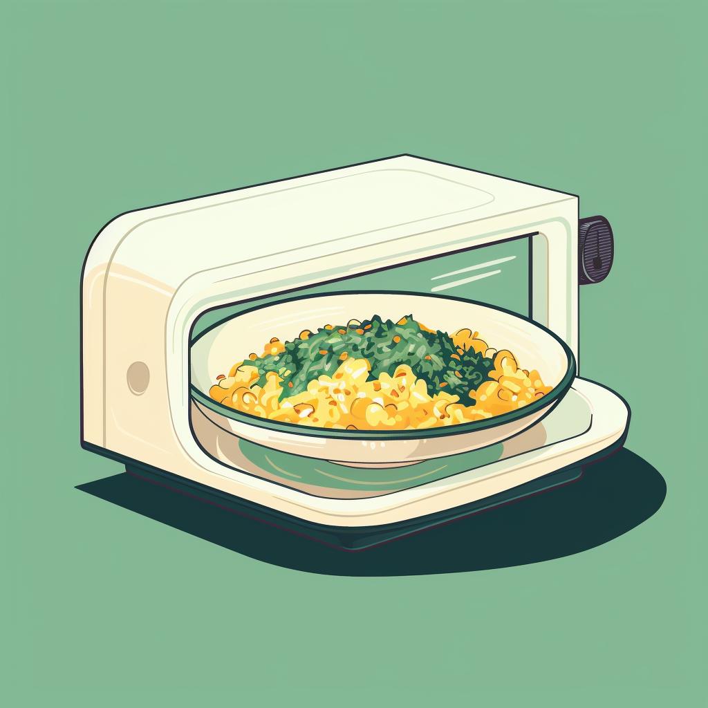 Food evenly spread in a microwave-safe dish